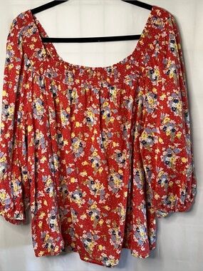 Chaps Floral Peasant Blouse 2X Boho Smocked Off Shoulder Red Flowy Top